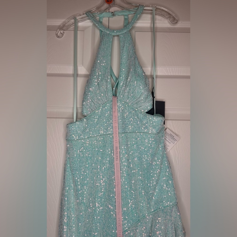 Mac Duggal NWT Blue Sequined Halter Ruffle Asymmetrical Dress Style #A11274 - Picture 5 of 12